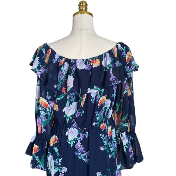 New York &Co Navy Floral Off-Shoulder Ruffled Summer Flowy Fairy Maxi Dress Sz M - Picture 12 of 14